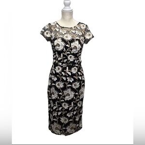 David Meister Embroidered Floral Illusion Dress 6 Black Gold Formal Cocktail